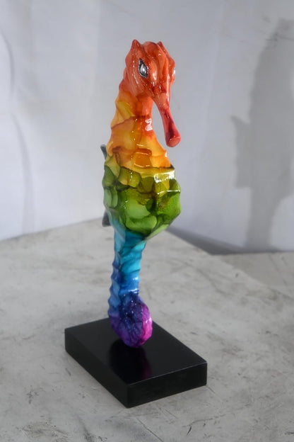 Rainbow Seahorse Figurine on Base Painted Aluminum Decor 6"x4"x15"H