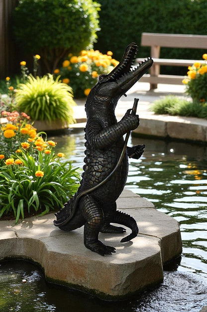 Alligator having fun bronze statue - fountain -  Size: 15"L x 15"W x 31"H.