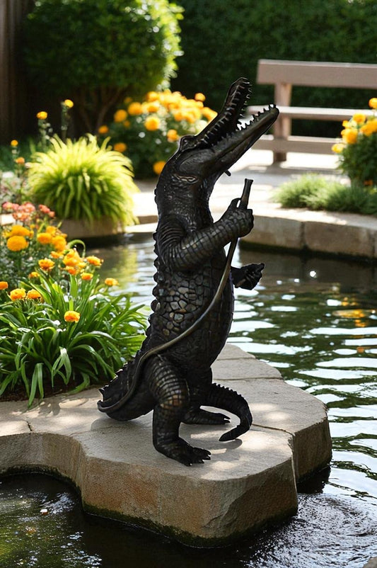 Alligator having fun bronze statue - fountain -  Size: 15"L x 15"W x 31"H.
