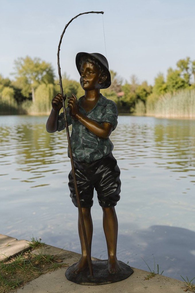 Boy with fishing rod  bronze statue -  Size: 11"L x 14"W x 44"H.