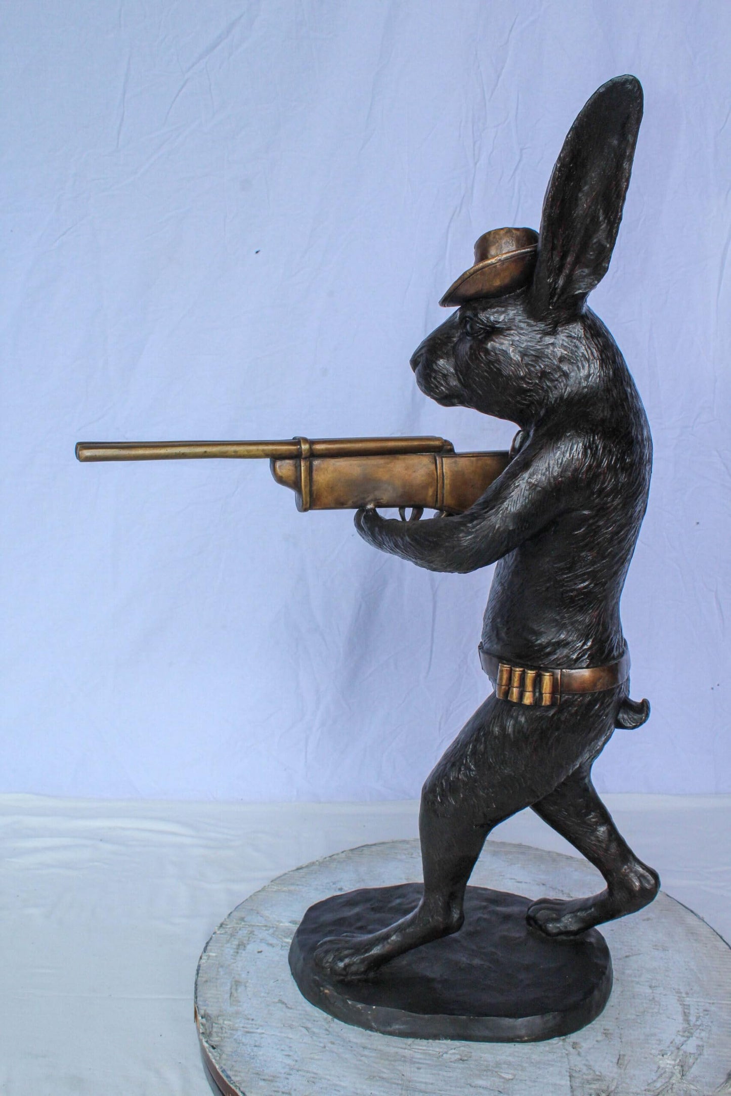 Bronze Statue of Cowboy Rabbit Holding Rifle 22" x 13" x 35"H