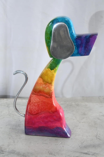 Abstract Rainbow Painted Wood Dog Figurine Aluminum Ears 8"x2"x15"H