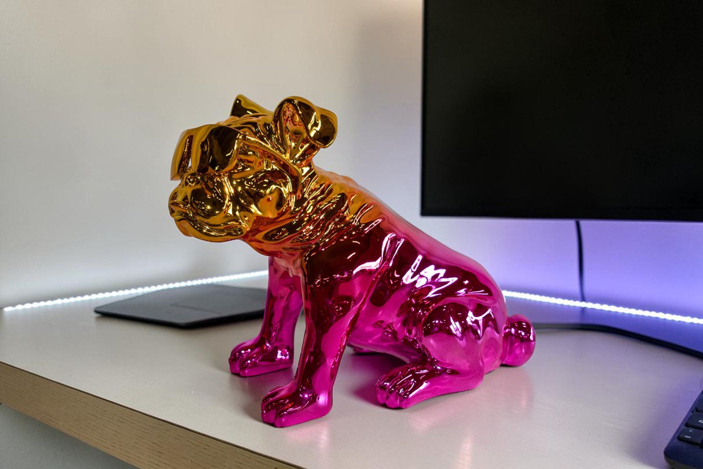 Ombre Pink Chrome Colored Bulldog Resin Statue 16" x 9" x 13"H