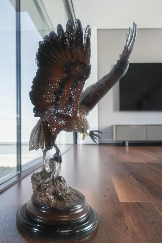 Bronze Eagle in Flight Sculpture Lost Wax Cast Marble Base 17"x11"x24"H