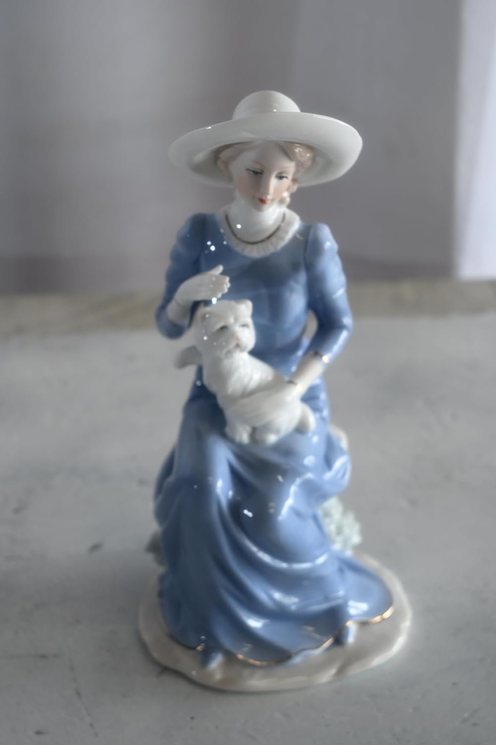 Porcelain Elegant Lady Blue Gown White Hat and White Cat 5"x4"x10"H