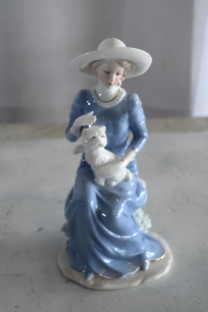 Porcelain Elegant Lady Blue Gown White Hat and White Cat 5"x4"x10"H
