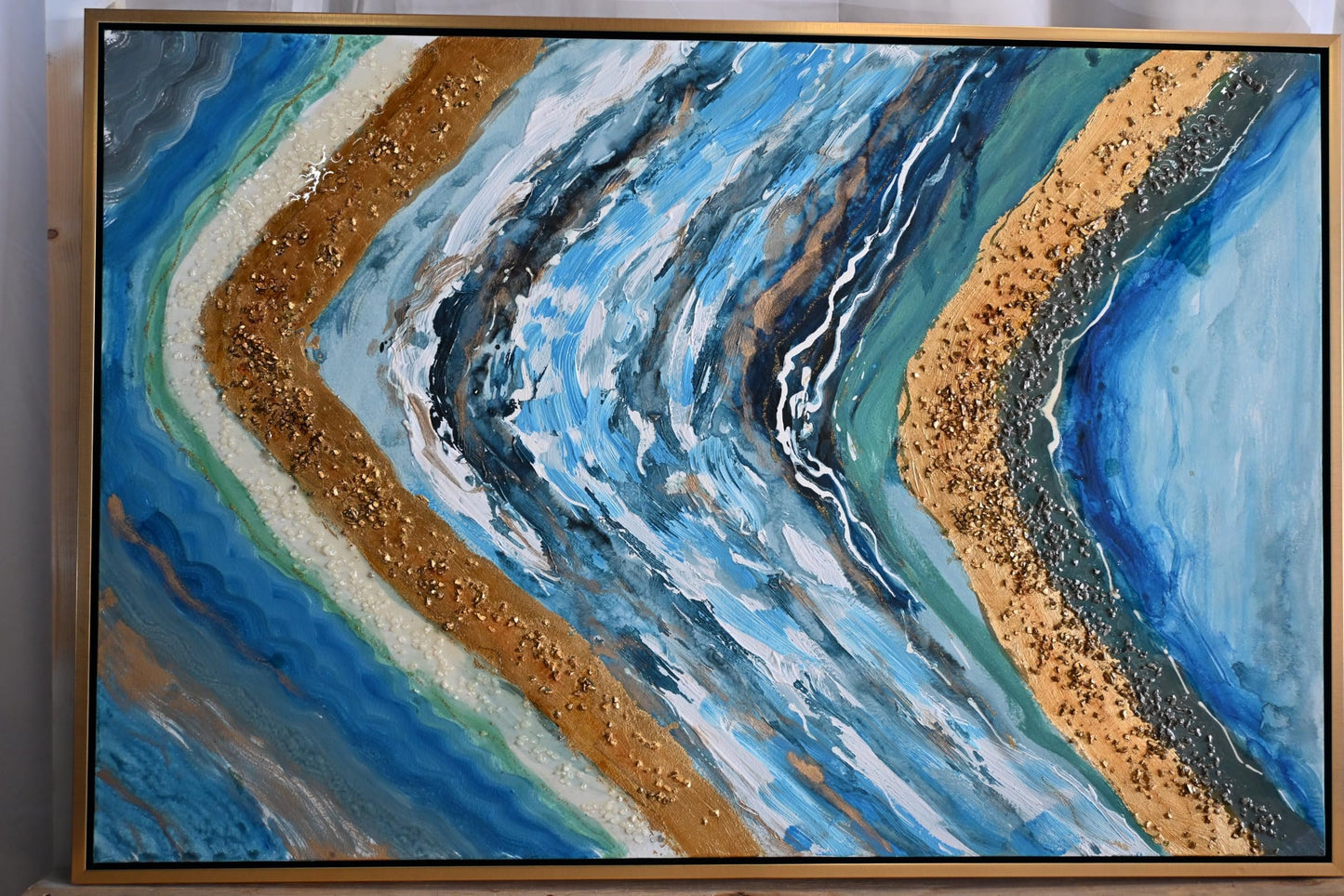 Silence Geode Abstract Canvas Painting Blue Gold Framed 61"x41"