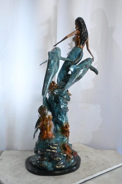 Bronze Mermaid with Dolphins on Coral Reef Sculpture 25"x16"x43"H