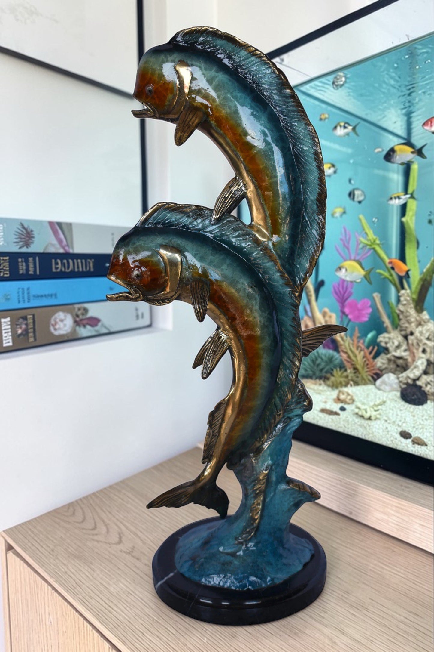 Two Dorado, Mahi Mahi Bronze Statue on Marble Base - Size: 9"L x 9"W x 22"H.