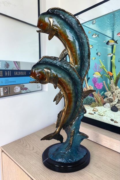 Two Dorado, Mahi Mahi Bronze Statue on Marble Base - Size: 9"L x 9"W x 22"H.