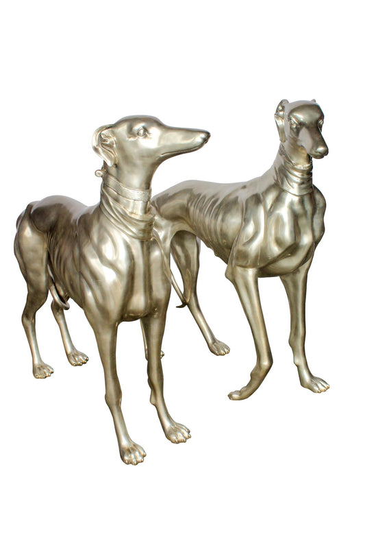 Pair of Greyhound Dogs Bronze Statues, Silver Plated Finish 48" x 12" x 40"H