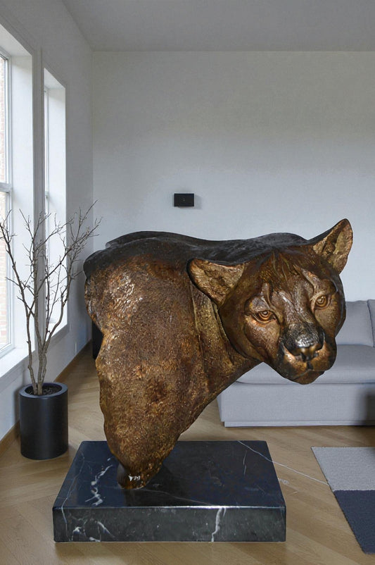 Mountain Lion Head bronze statue on a marble base - Size: 18"L x 15"W x 21"H.