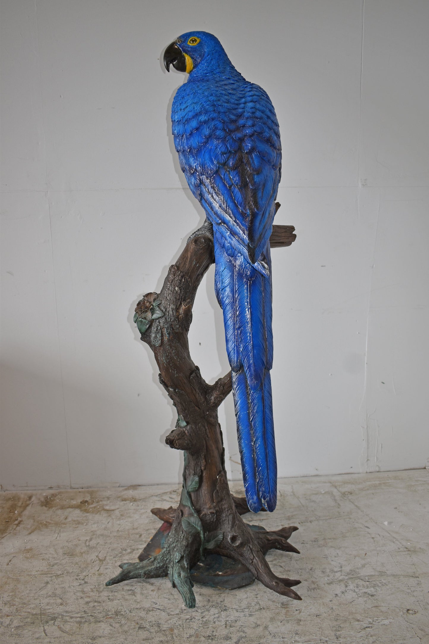 Single Hyacinth Macaw Blue Parrot on a tree Bronze Statue Size: 30" x 24" x 66"H