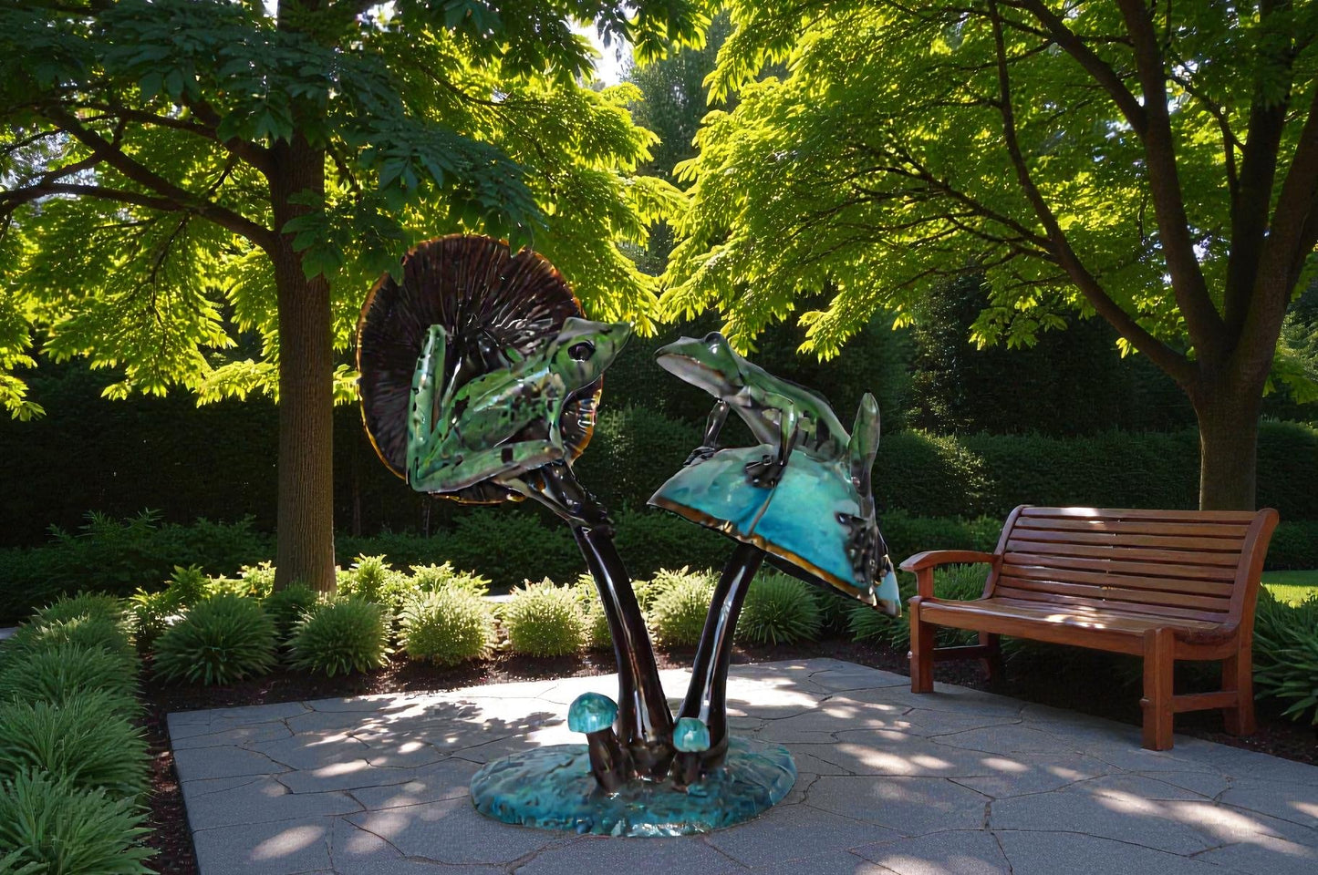 Nifao Bronze Two Frogs on Mushrooms Statue – Hand-Cast Lost Wax Sculpture with Polychrome Patina, Tabletop Nature Art - 24" L x 15" W x 27" H