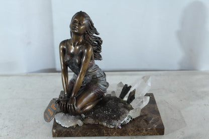 NIFAO Bronze Girl on Crystal Quartz and Marble Base by Vidal 10"x7"x11"H