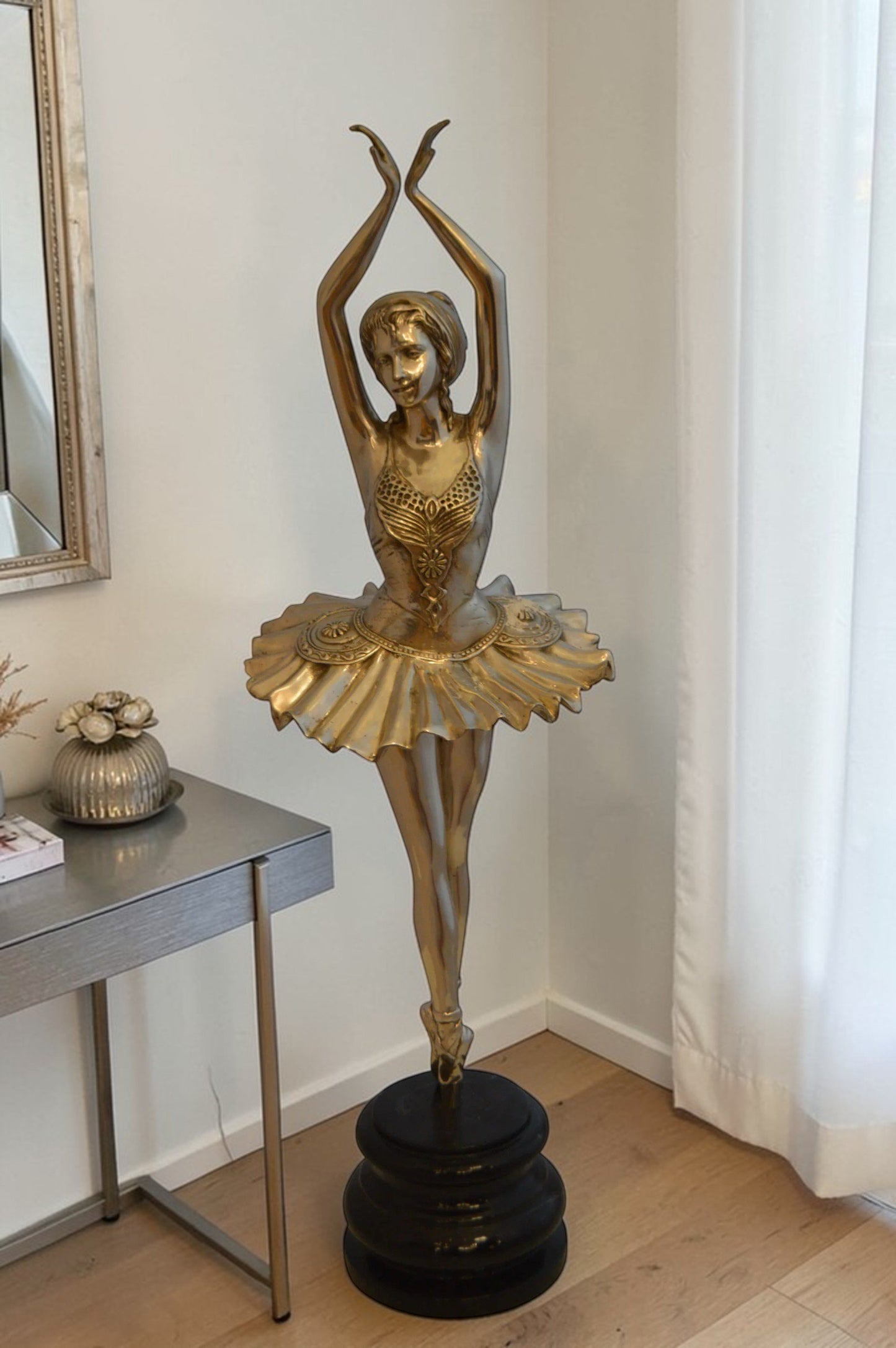 Ballerina Bronze Statue With Silver Finish -  Size: 10"L x 10"W x 35"H.
