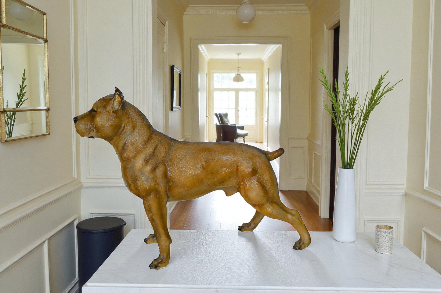 Pitbull Dog Colored Bronze Statue -  Size: 33"L x 10"W x 26"H.
