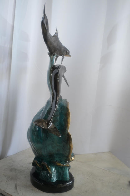 Bronze Dolphins and Surfer Sculpture on Wave Marble Base 16"x11"x33"H