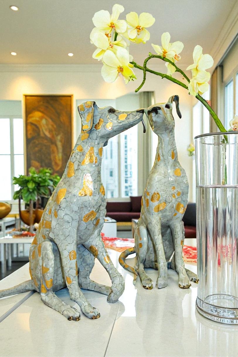 Pair of Golden Pleated Dalmatians Sitting Bronze Statue -  21"L x 16"W x 35"H.
