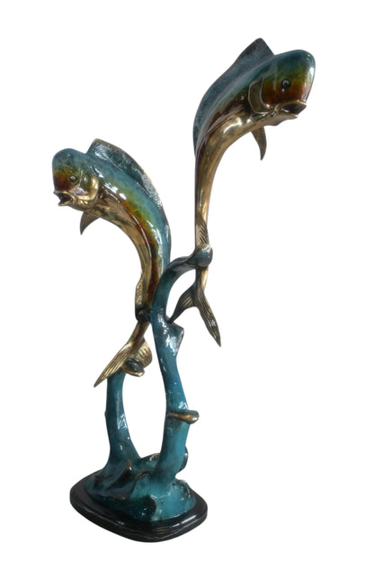 Bronze Dual Mahi Mahi Fish Sculpture on Wave Marble Base 19"x12"x35"H