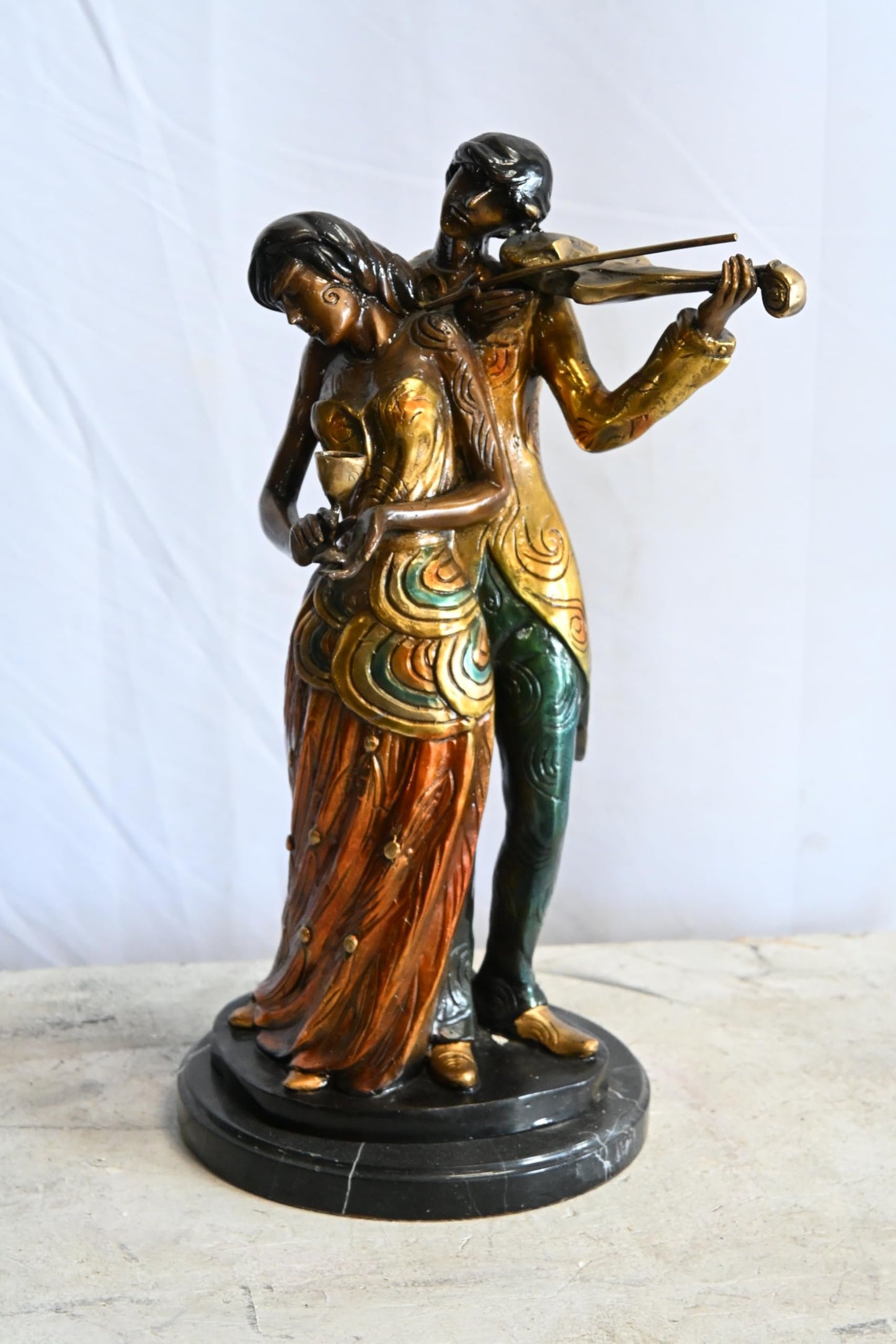 Romantic Couple Bronze Statue Violin Marble Base Music 11"x10"x19"H