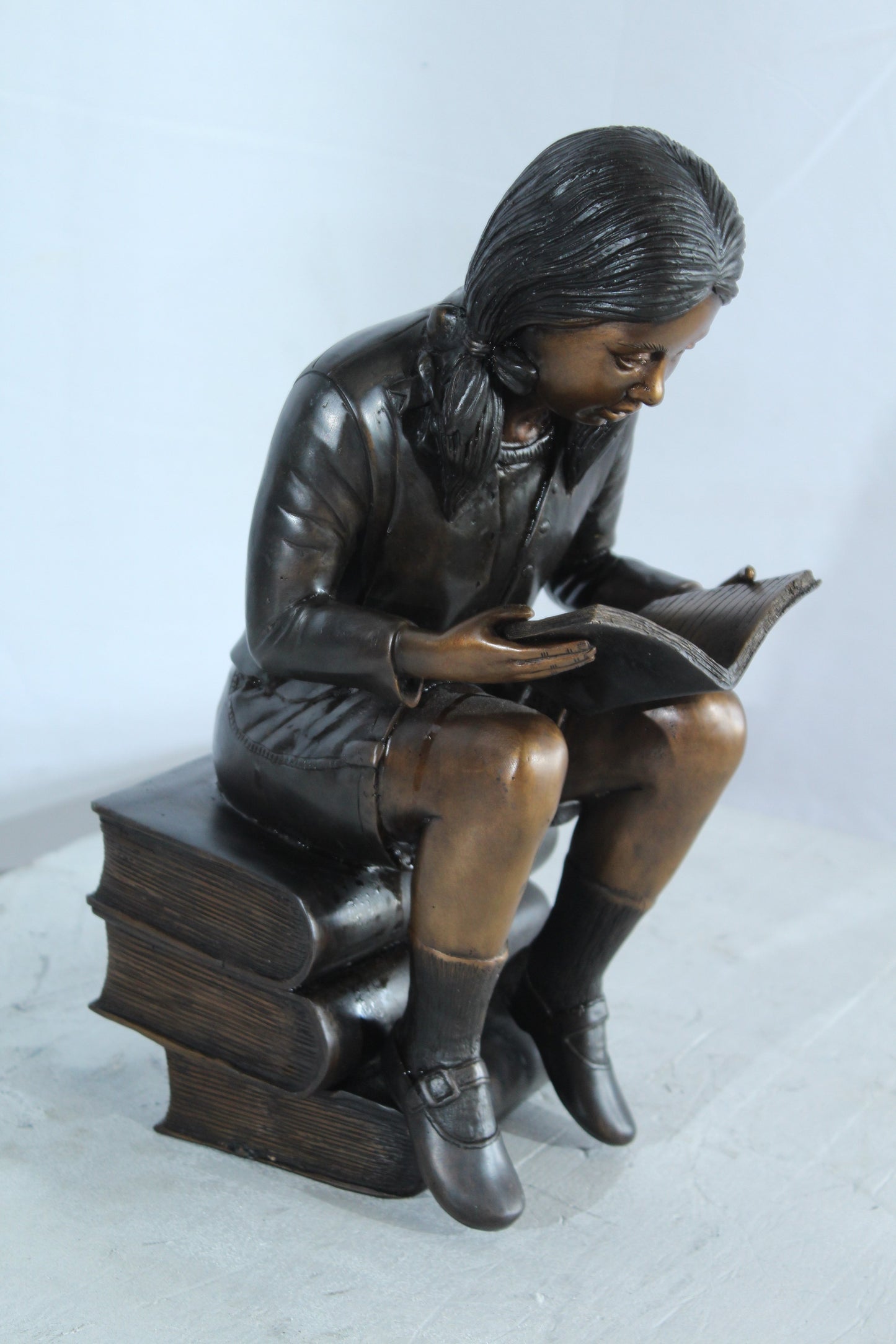 NIFAO Bronze Girl Reading Statue on Book Stack Library Sculpture Art 8" x 6" x 15"H