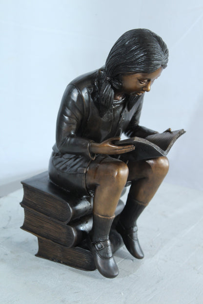 NIFAO Bronze Girl Reading Statue on Book Stack Library Sculpture Art 8" x 6" x 15"H