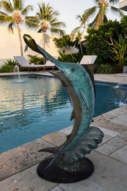 Marlin Fish Catching A Small Fish in Action Bronze Statue Size: 28" x 16" x 50"H