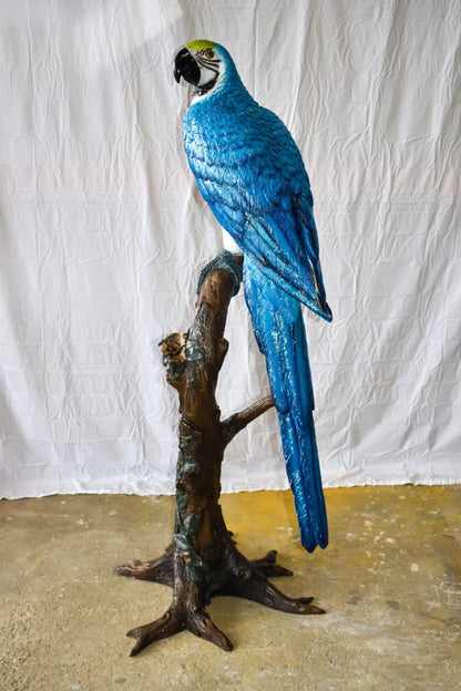 Giant Blue and White Parrot Standing on A Tree Bronze Statue 30" x 24" x 66"H