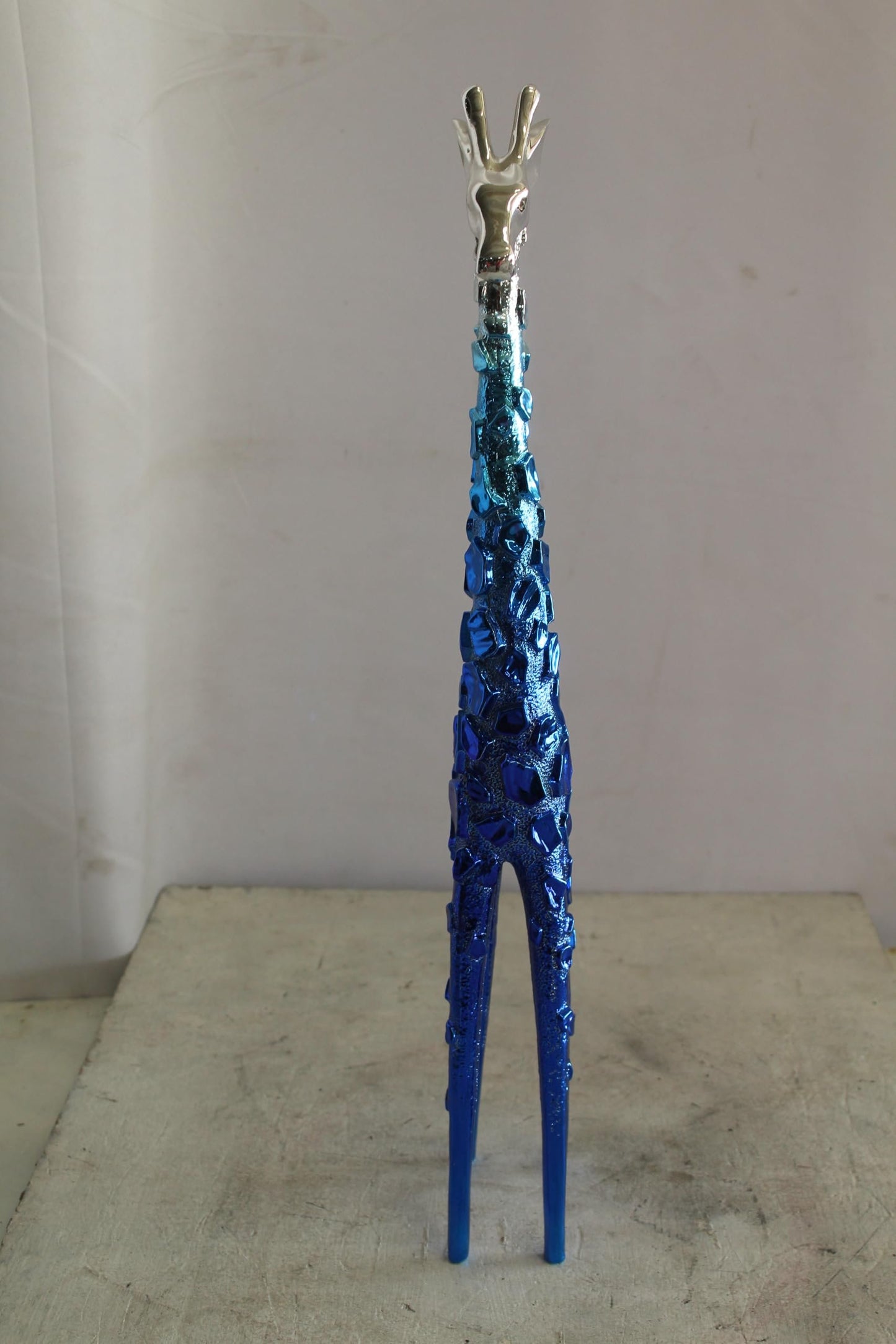 NIFAO Resin Blue Giraffe Sculpture with Chrome Head 30 Inches 4"x6"x30"H