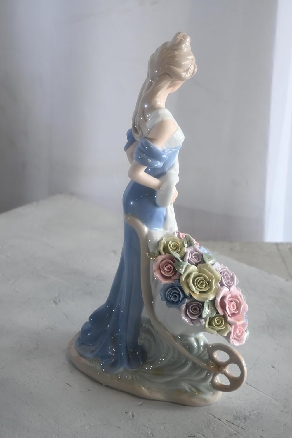Porcelain Lady Blue Gown Pushing Rose Wheelbarrow Statue 8"x4"x14"H