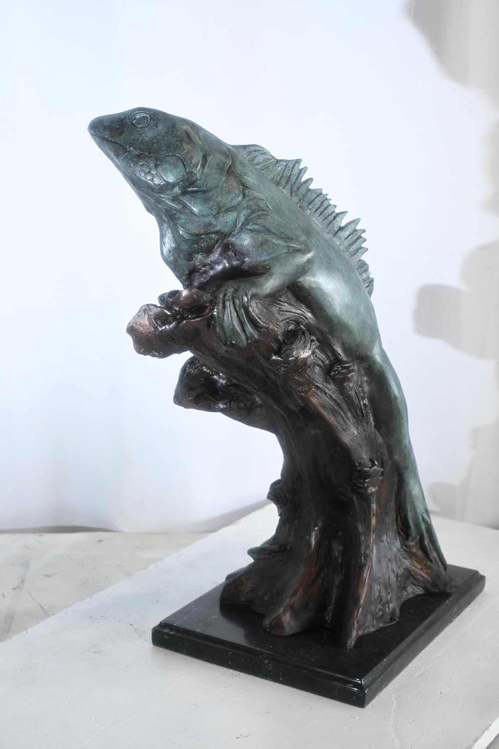 Bronze Iguana Sculpture on Branch with Marble Base 20"x7"x22"H