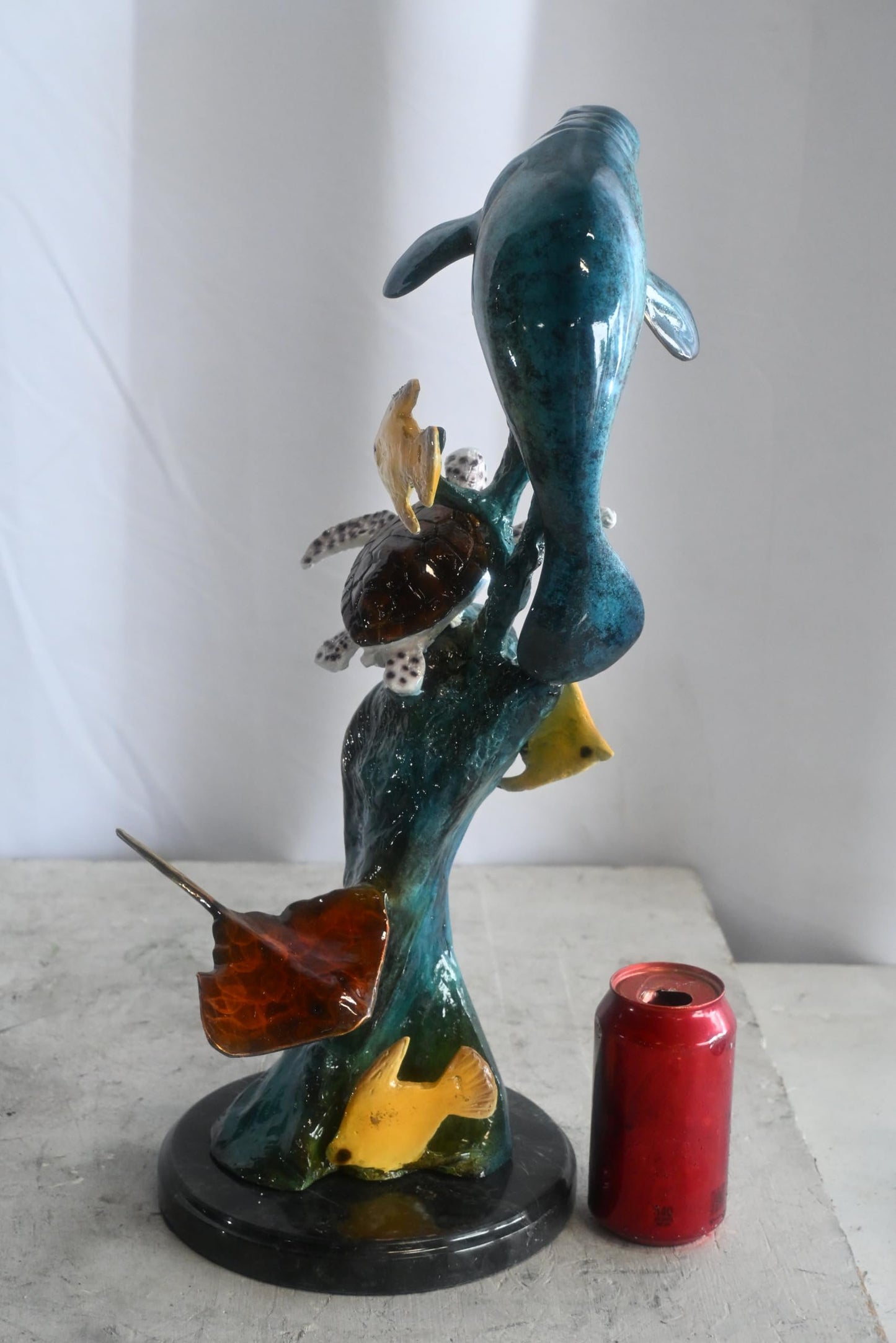 Manatee with Sea Turtle and Fish Bronze Sculpture 9"x9"x20"H