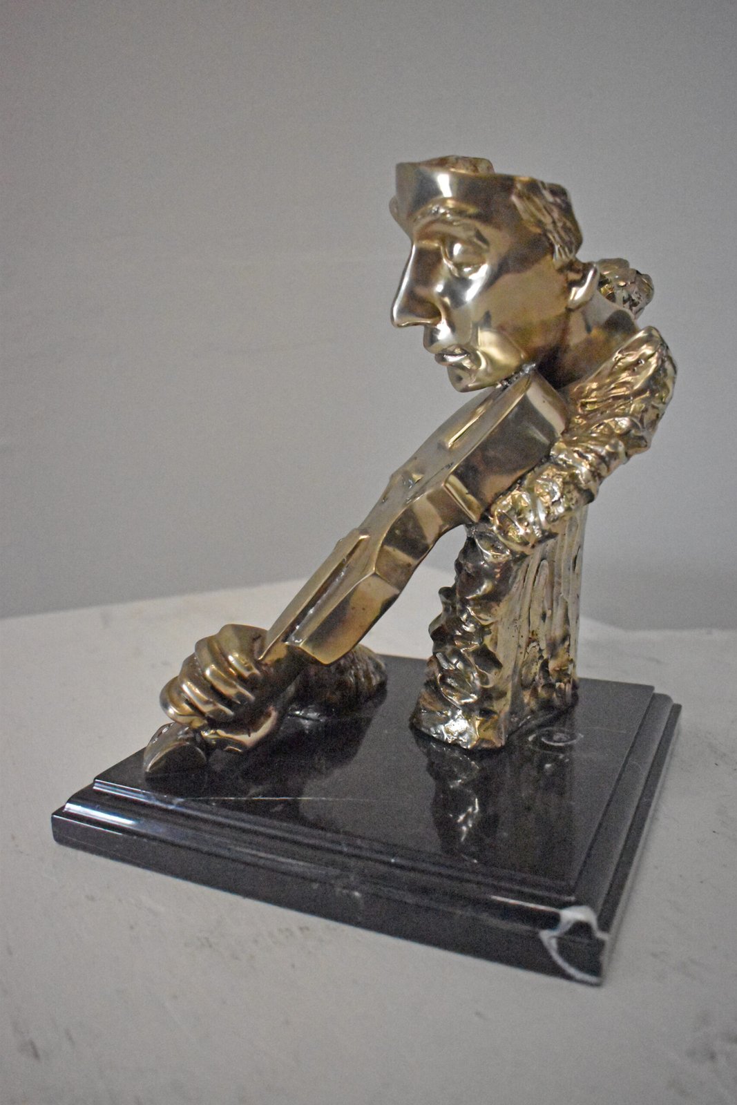Man Playing the Violin Bronze Statue, Silver Finish - Size: 12"L x 9"W x 11"H.