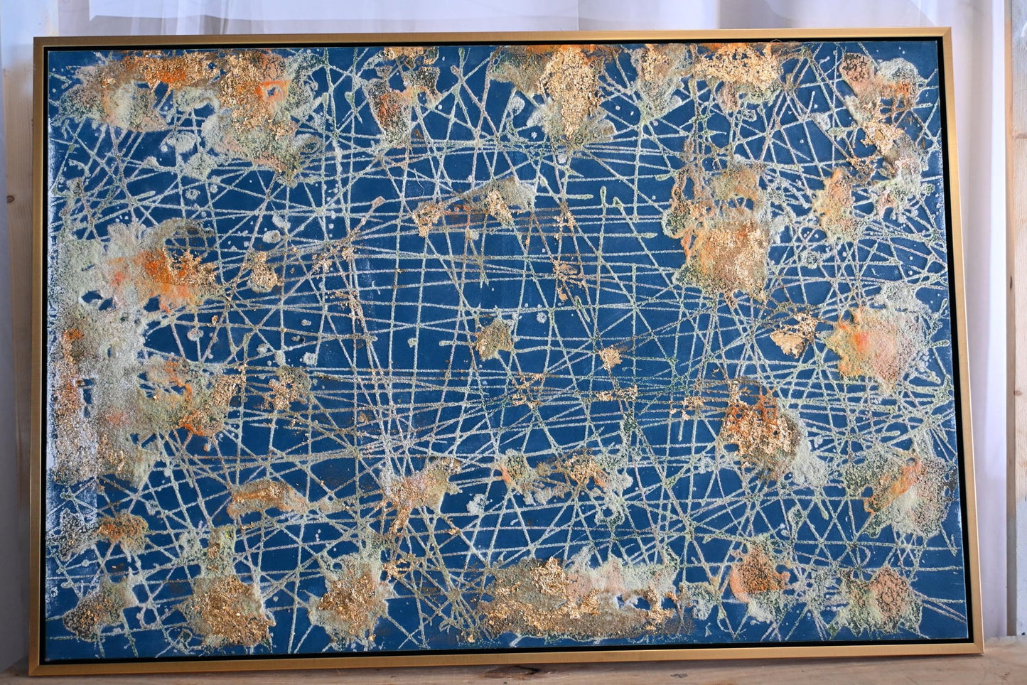 Abstract Canvas Painting The Unseen Blue Gold Framed Art 41"x61"