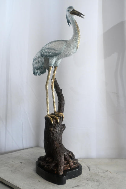 Bronze Heron Statue on Driftwood Marble Base Sculpture 17"x17"x37"H