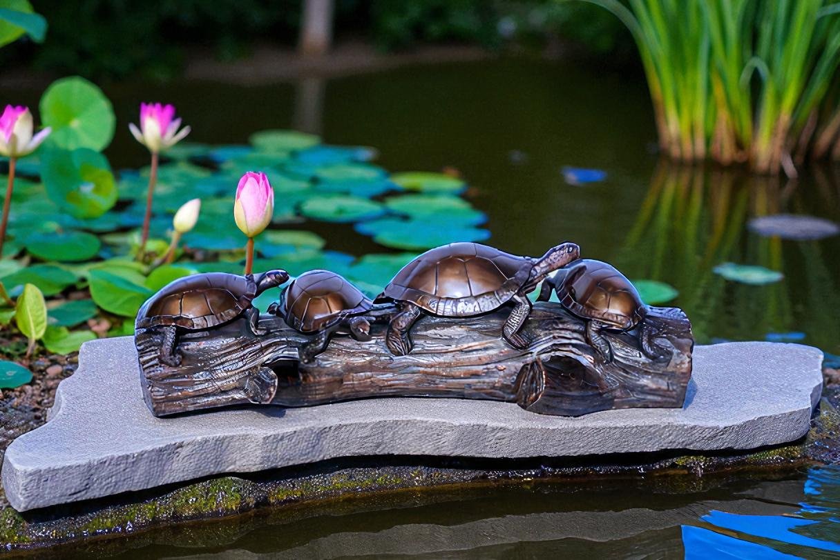 Four Turtles on Tree Log Bronze Statue, Charming Wildlife Decor 39" x 15" x 10"H