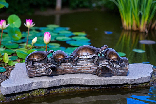 Four Turtles on Tree Log Bronze Statue, Charming Wildlife Decor 39" x 15" x 10"H