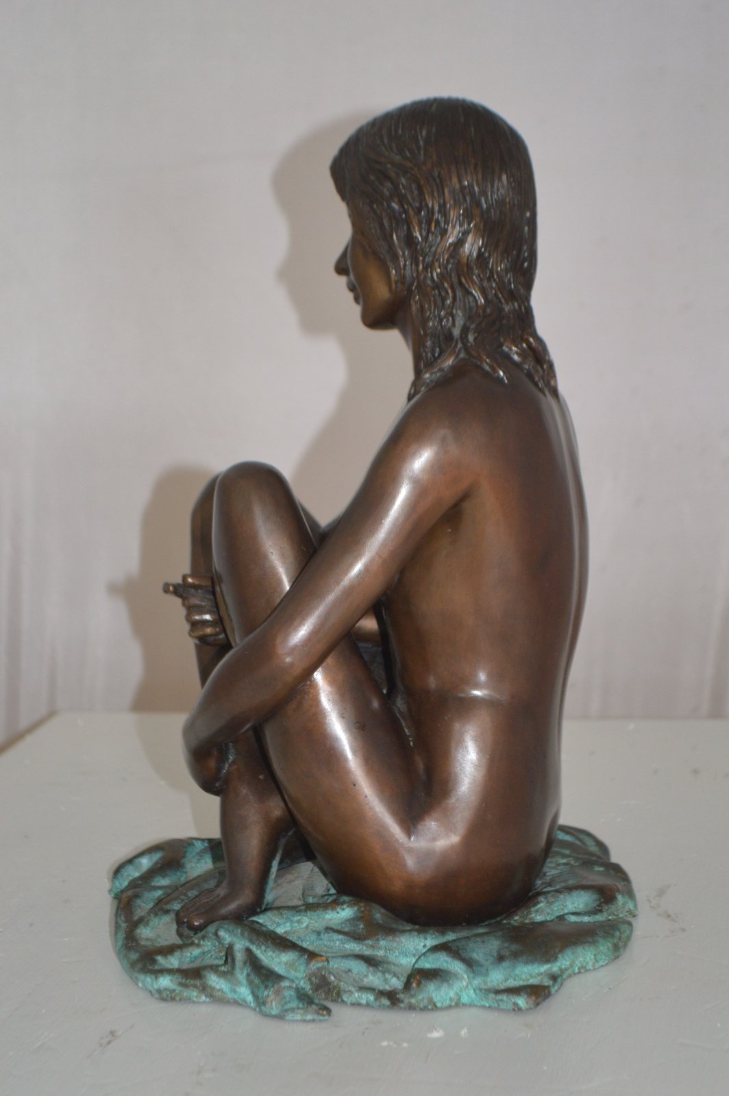Sitting Art Nude Girl Bronze Statue -  Size: 12"L x 10"W x 14"H.