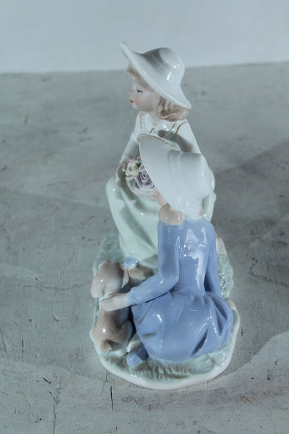 NIFAO Porcelain Figurine Two Girls with Puppy and Flowers 9"x4"x8"H