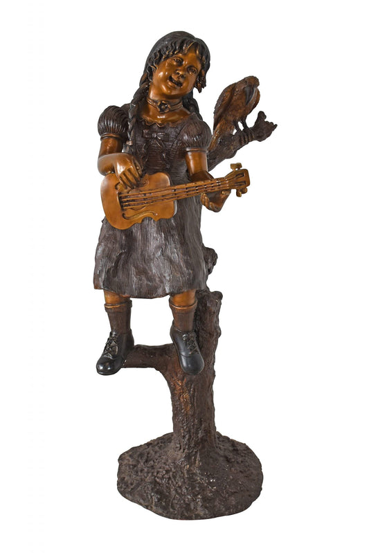 Girl on a Tree Playing the Ukulele with a Parrot Bronze Statue 25" x 23" x 50"H