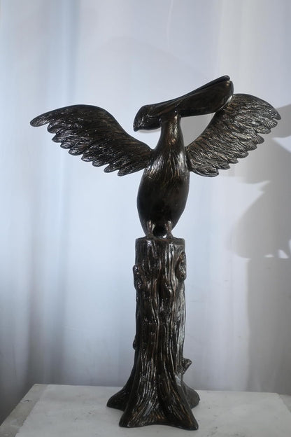 Aluminum Pelican Sculpture on Tree Stump Perch 34"x13"x43"H