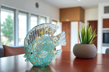NIFAO Glass Reef Fish Figurine Teal Crackle Art Glass 8" x 3" x 6"H