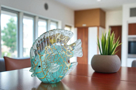 NIFAO Glass Reef Fish Figurine Teal Crackle Art Glass 8" x 3" x 6"H