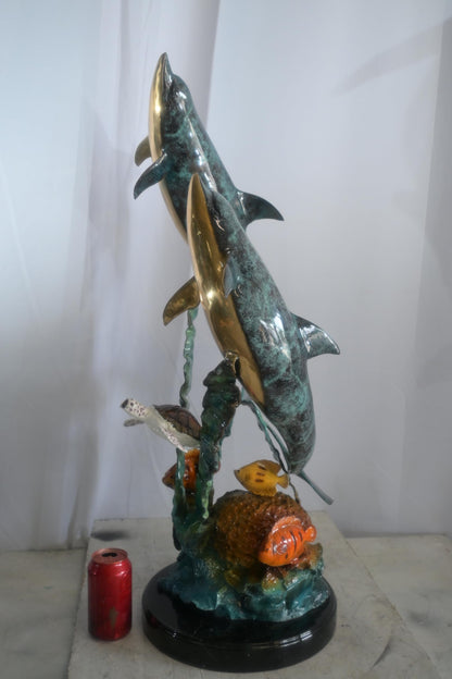 Large Bronze Dolphin Pair Ocean Scene Sculpture Marble Base 15"x18"x33"H