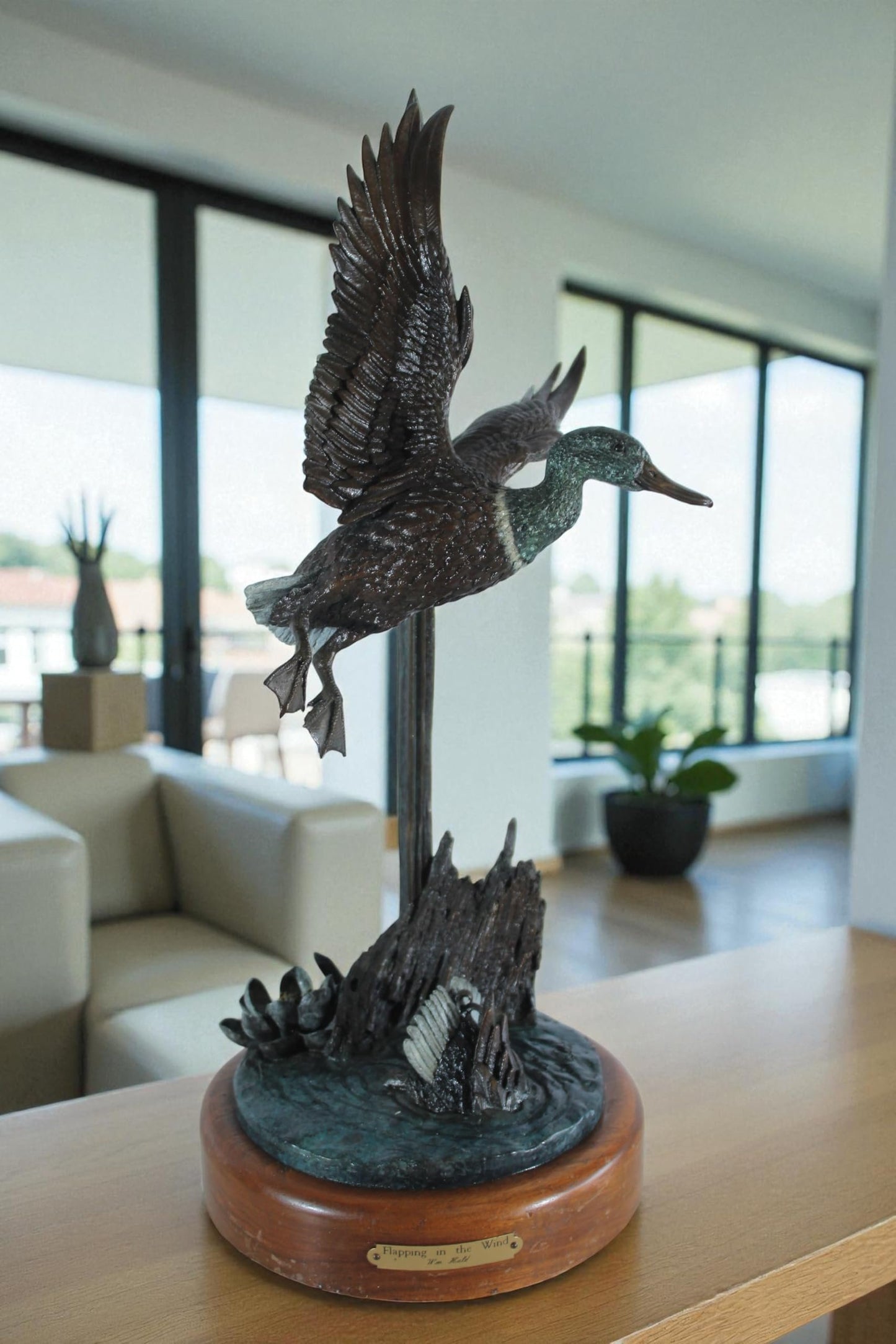 NIFAO Bronze Duck Flapping in The Wind by William Hald on Wood Base 16"x12"x31"H