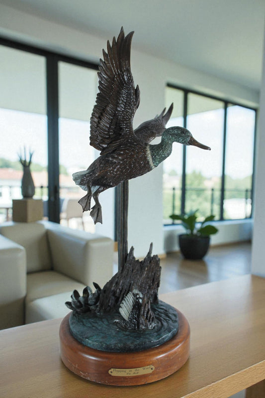 NIFAO Bronze Duck Flapping in The Wind by William Hald on Wood Base 16"x12"x31"H