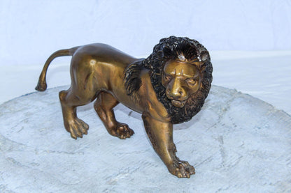 Small Bronze Lion Sculpture Walking Pose Animal Art 15" x 5" x 8"H