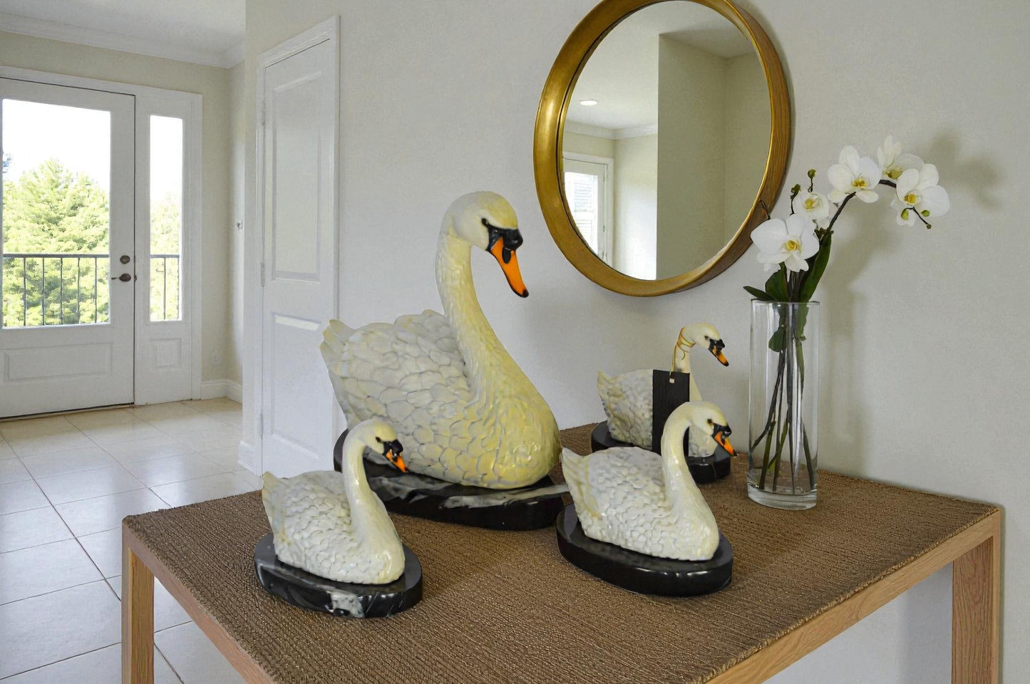 Set of White Swans each on Mable Base bronze statue -  Size: 9"L x 18"W x 15"H.