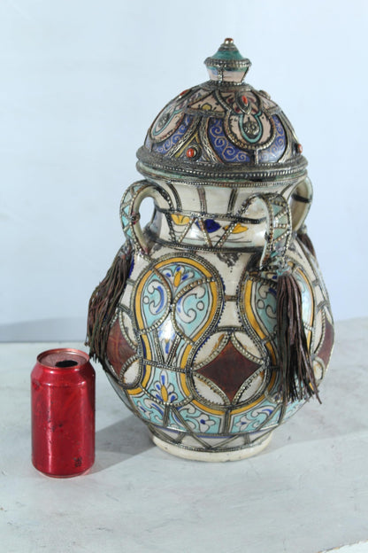 Handcrafted Ceramic Lidded Jar with Tassels and Metal Inlay 10" x 10" x 18"H